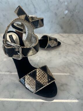 Dolce & Gabbana Black and Cream Snakeskin-Pattern Ankle Strap Sandals